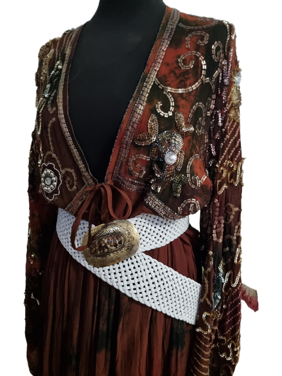 Handcrafted White Leather Boho Belt: Engraved Gold Western Buckle