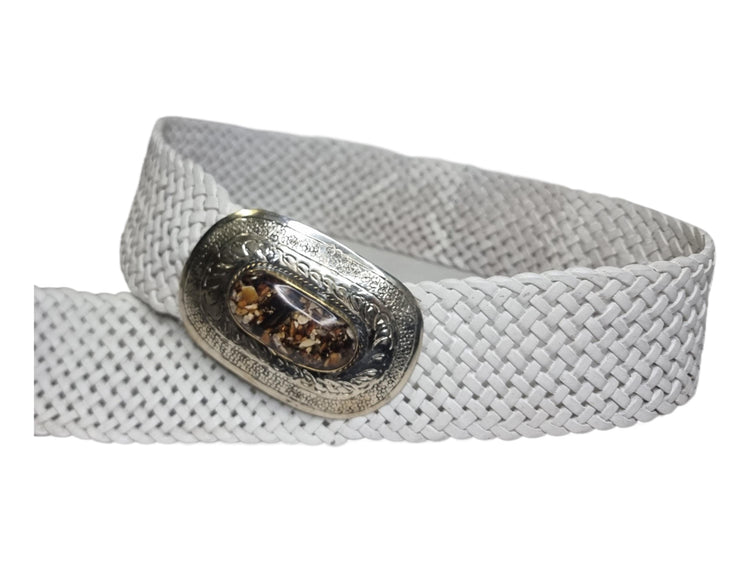 Handcrafted White Leather Boho Belt: Engraved Gold Western Buckle