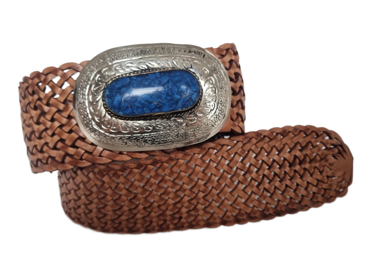 Handwoven Leather Belt: Wide Western Boho Belt with Blue Stone Buckle