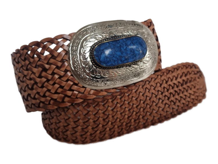 Handwoven Leather Belt: Wide Western Boho Belt with Blue Stone Buckle