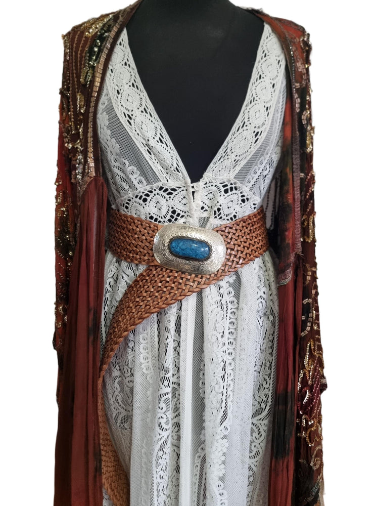 Handwoven Leather Belt: Wide Western Boho Belt with Blue Stone Buckle