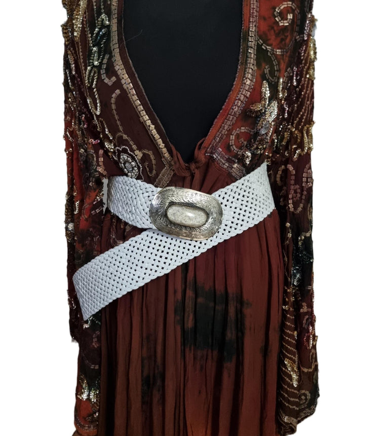 Woven White Leather Boho Belt: Silver Buckle, Moroccan Design