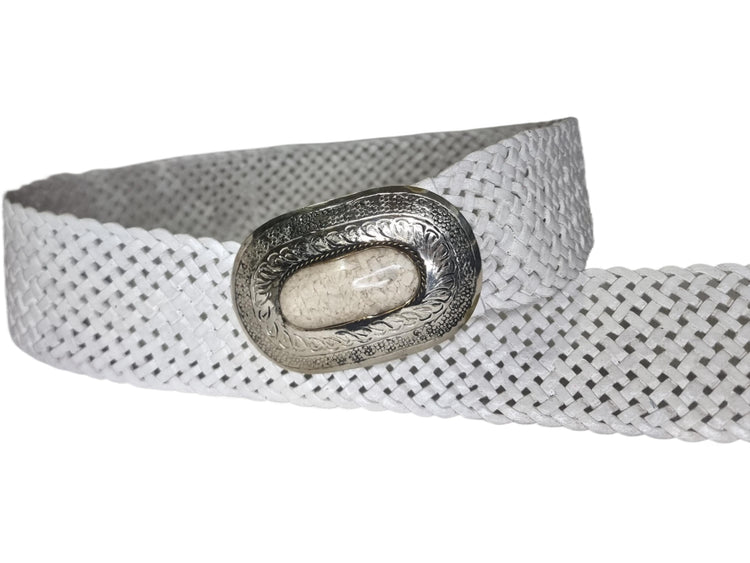 Woven White Leather Boho Belt: Silver Buckle, Moroccan Design