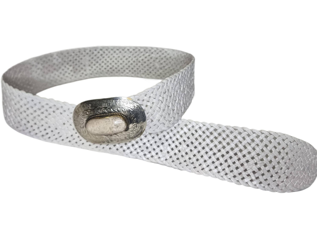 Woven White Leather Boho Belt: Silver Buckle, Moroccan Design