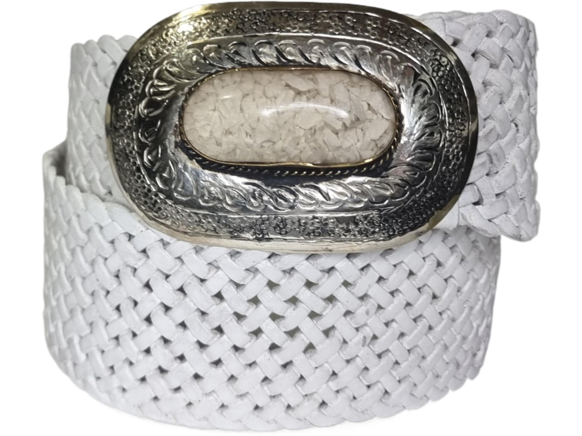 Woven White Leather Boho Belt: Silver Buckle, Moroccan Design