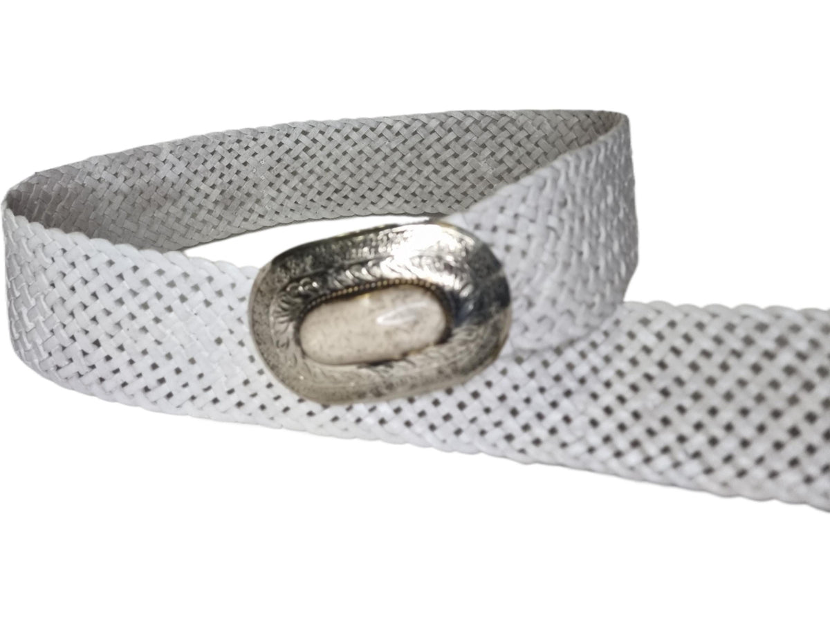 Woven White Leather Boho Belt: Silver Buckle, Moroccan Design