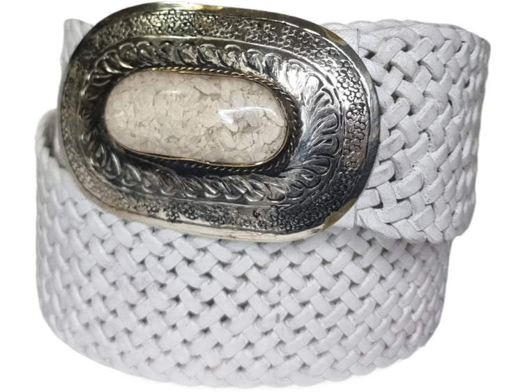 Woven White Leather Boho Belt: Silver Buckle, Moroccan Design