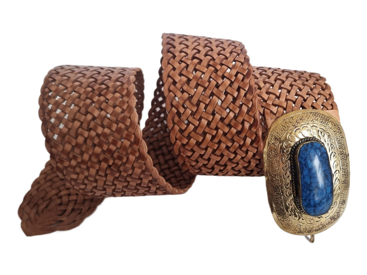 Handwoven Leather Western Belt: Tan Brown Boho Waist Belt with Blue Stone Buckle