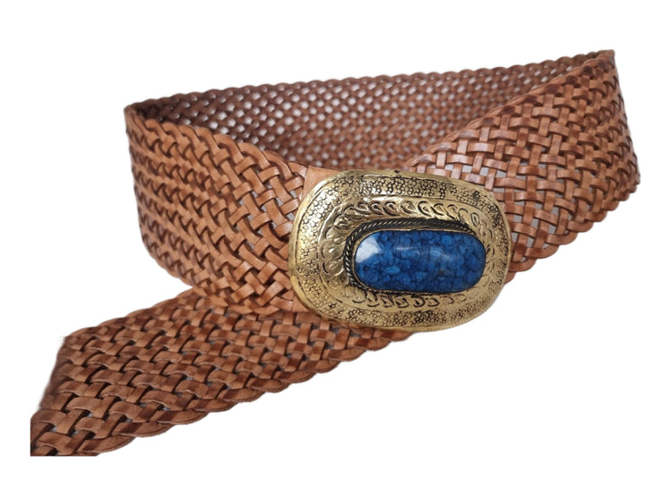 Handwoven Leather Western Belt: Tan Brown Boho Waist Belt with Blue Stone Buckle