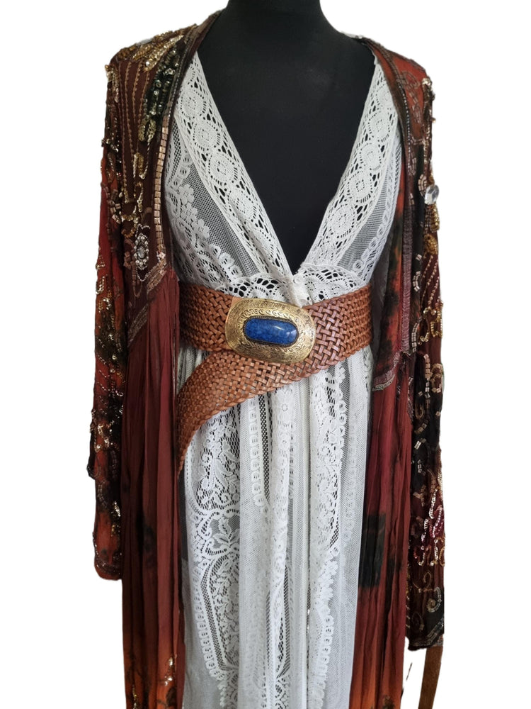 Handwoven Leather Western Belt: Tan Brown Boho Waist Belt with Blue Stone Buckle