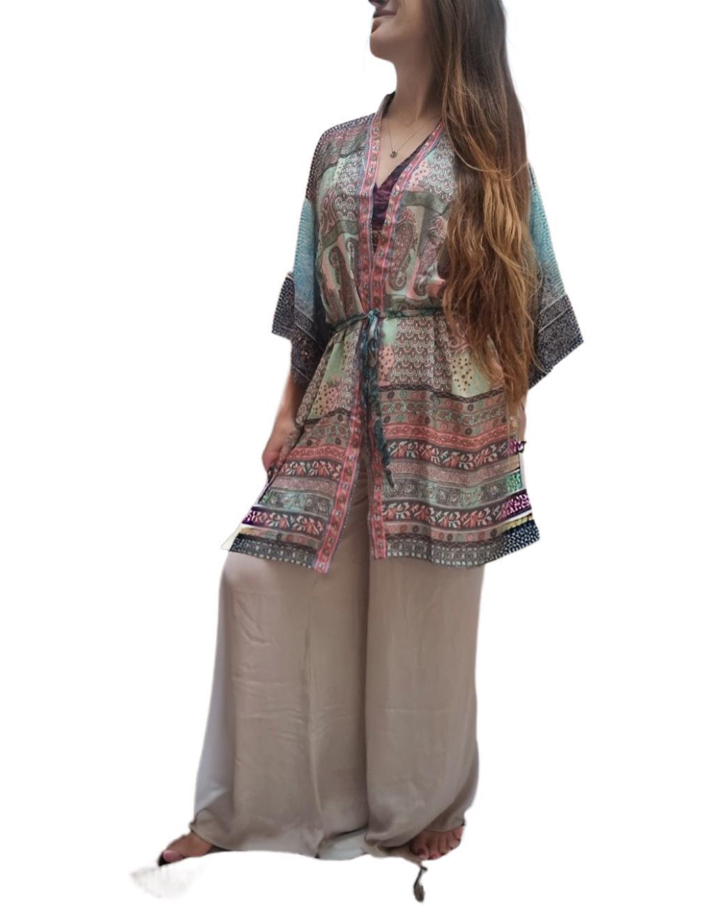 Boho Silk Kimono Jacket: Recycled Indian Patchwork Robe