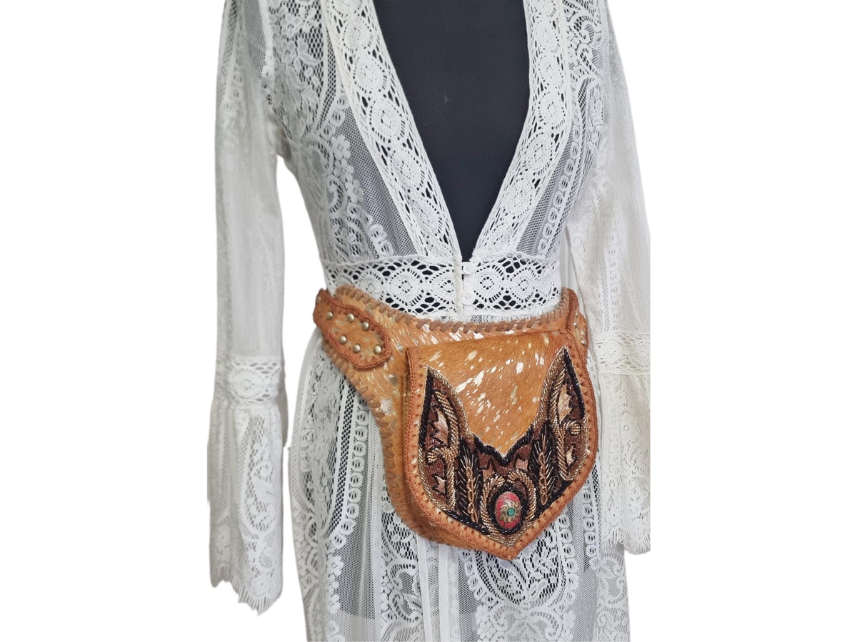 Handcrafted Suede Leather Sling Bag: Beaded Boho Crossbody Fanny Pack