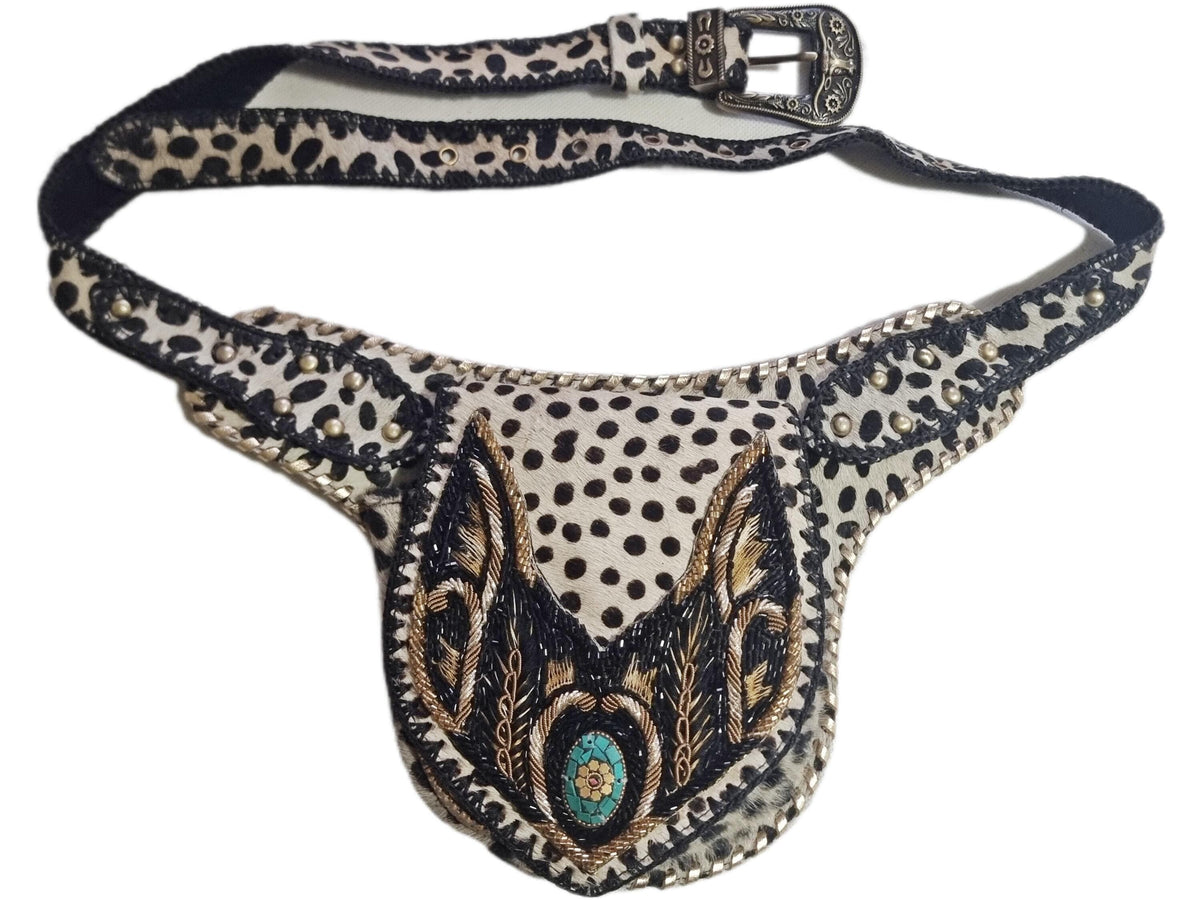 Beaded Cowhide Fanny Pack: Leopard Print Leather Belt Bag with Turquoise Stone