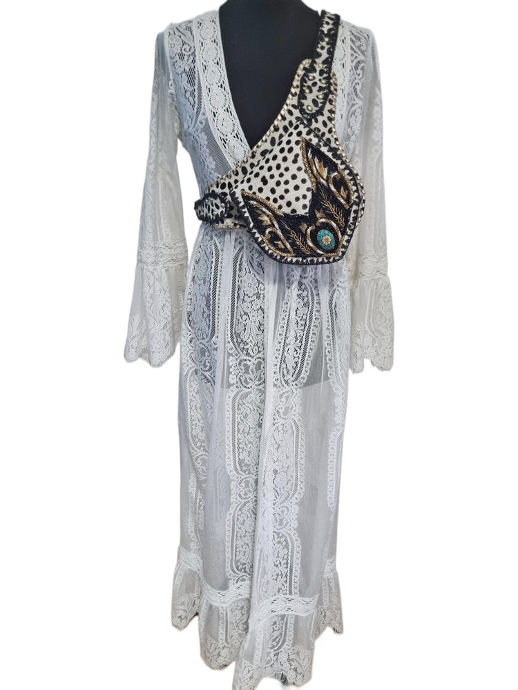Beaded Cowhide Fanny Pack: Leopard Print Leather Belt Bag with Turquoise Stone
