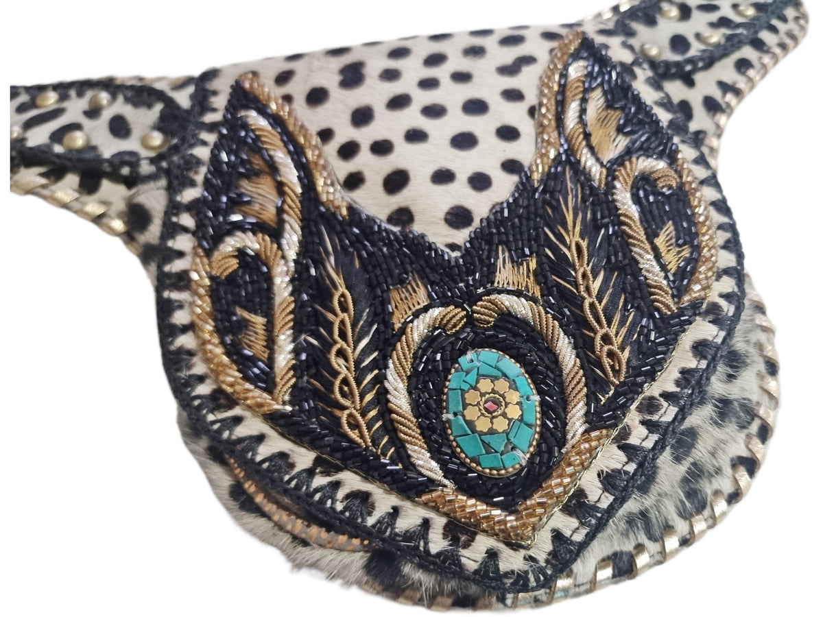 Beaded Cowhide Fanny Pack: Leopard Print Leather Belt Bag with Turquoise Stone