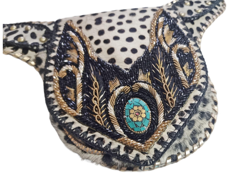 Beaded Cowhide Fanny Pack: Leopard Print Leather Belt Bag with Turquoise Stone
