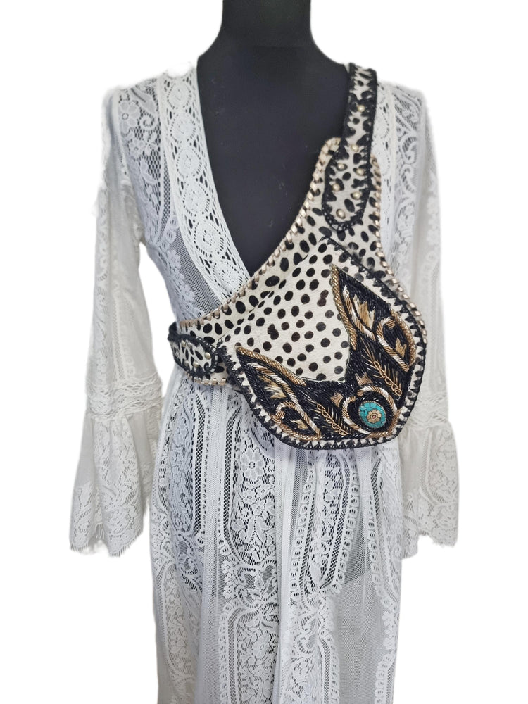 Beaded Cowhide Fanny Pack: Leopard Print Leather Belt Bag with Turquoise Stone