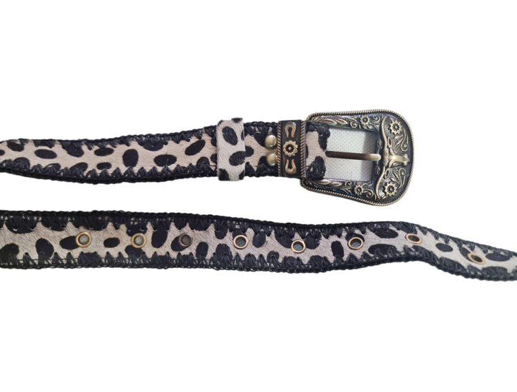 Beaded Cowhide Fanny Pack: Leopard Print Leather Belt Bag with Turquoise Stone