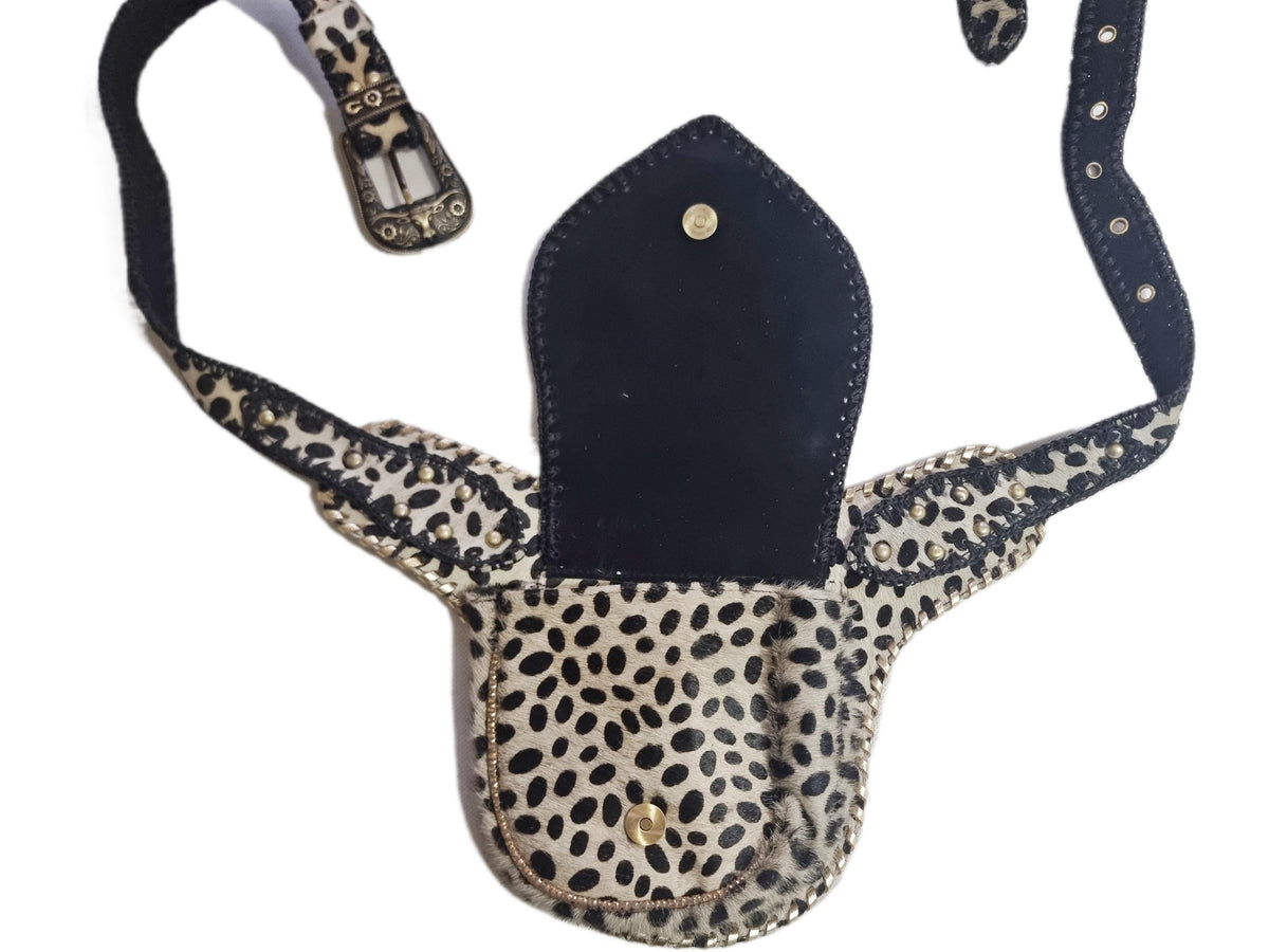 Beaded Cowhide Fanny Pack: Leopard Print Leather Belt Bag with Turquoise Stone