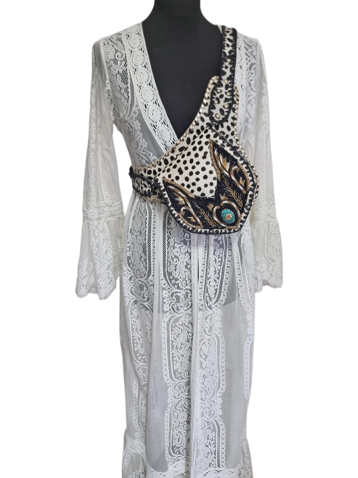 Beaded Cowhide Fanny Pack: Leopard Print Leather Belt Bag with Turquoise Stone