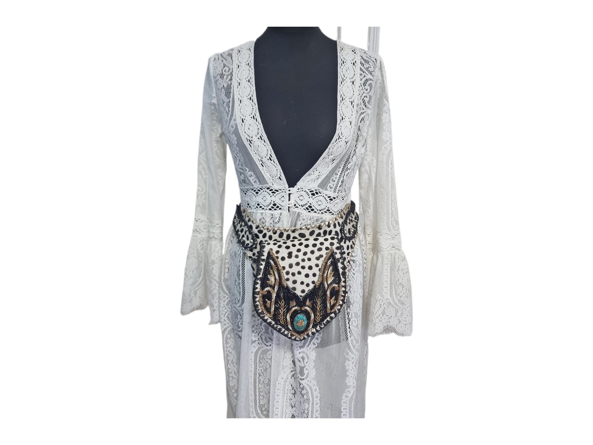 Beaded Cowhide Fanny Pack: Leopard Print Leather Belt Bag with Turquoise Stone