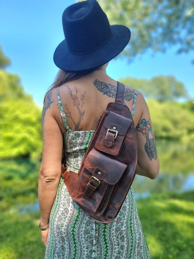 Handmade Dark Brown Leather Chest Bag: Unisex Sling Fanny Pack