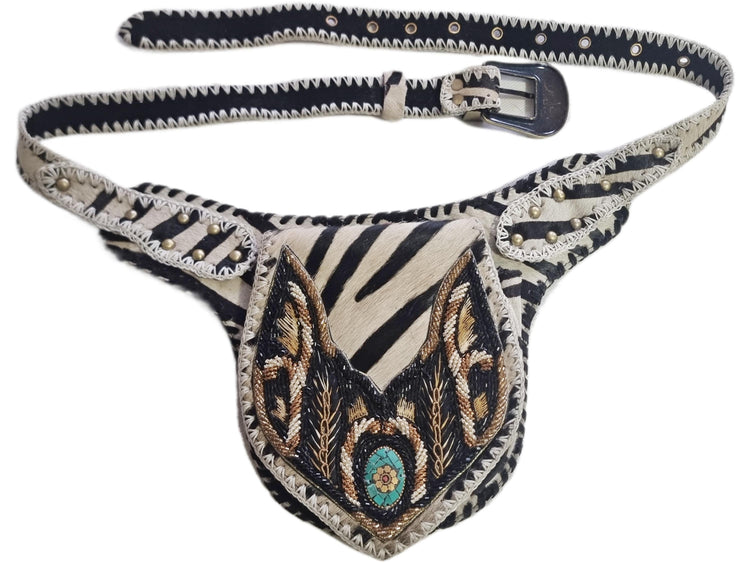 Zebra Cowhide Fanny Pack: Beaded Boho Leather Crossbody Sling
