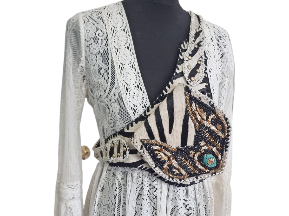 Zebra Cowhide Fanny Pack: Beaded Boho Leather Crossbody Sling