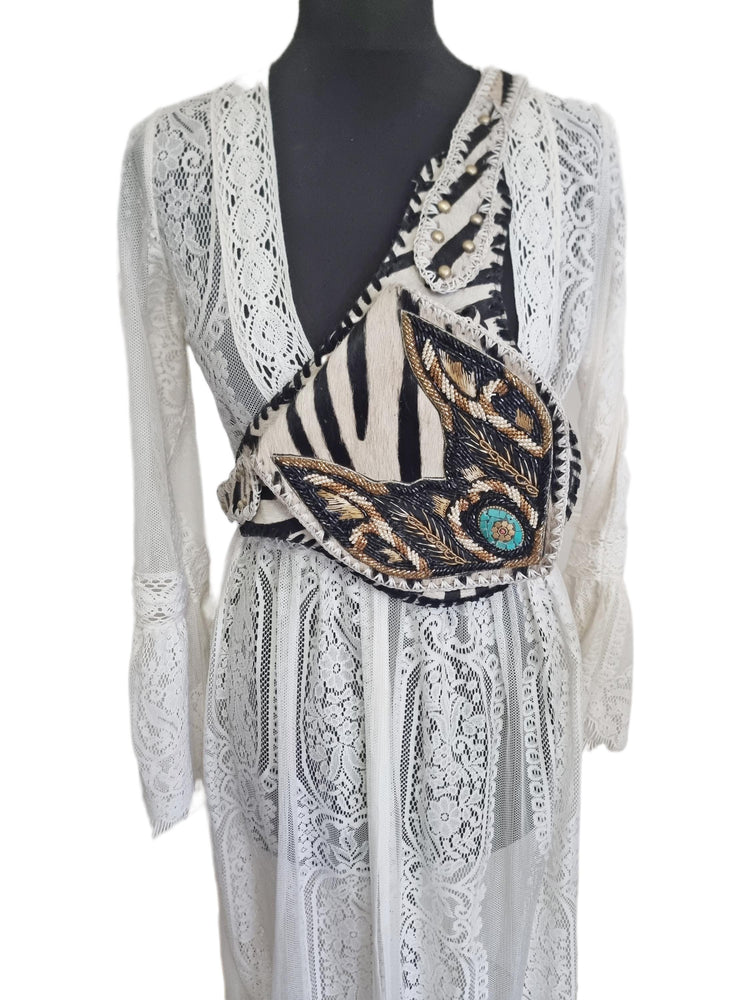 Zebra Cowhide Fanny Pack: Beaded Boho Leather Crossbody Sling