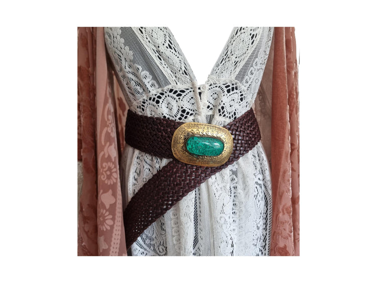 Boho Wide Leather Obi Belt: Engraved Western Buckle, Emerald Green Stone