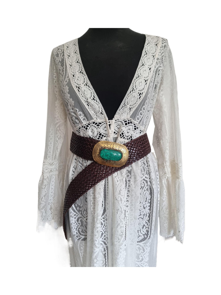Boho Wide Leather Obi Belt: Engraved Western Buckle, Emerald Green Stone