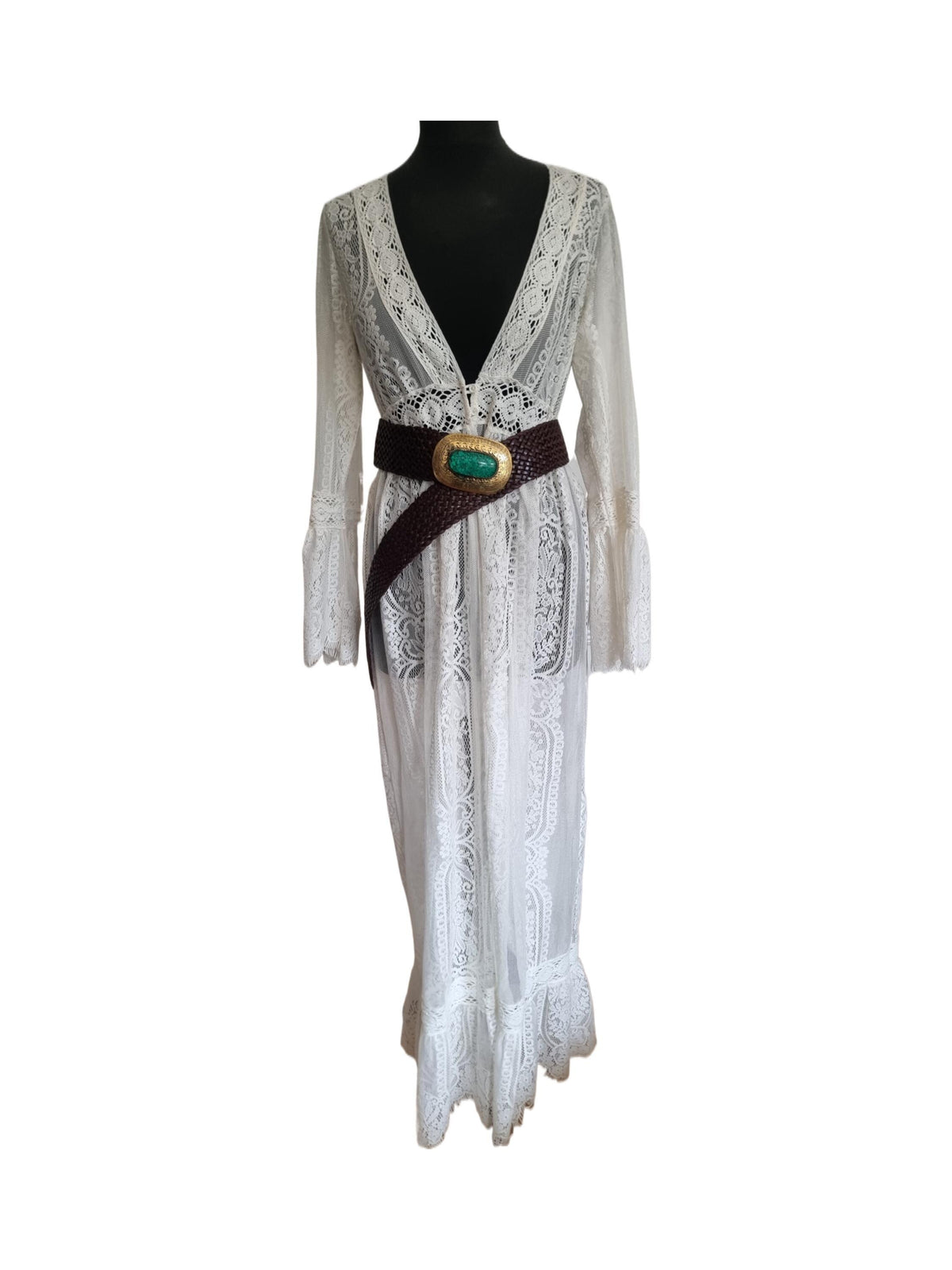 Boho Wide Leather Obi Belt: Engraved Western Buckle, Emerald Green Stone