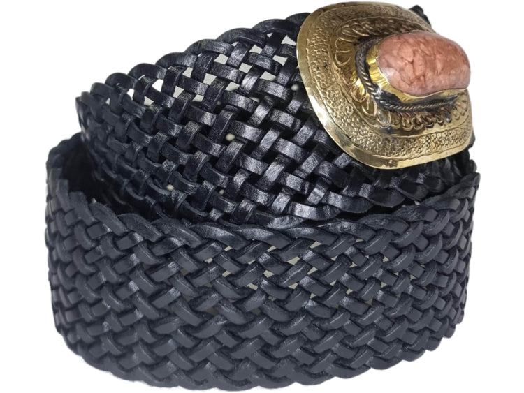 Boho Wide Leather Waist Belt: Pink Stone Western Buckle