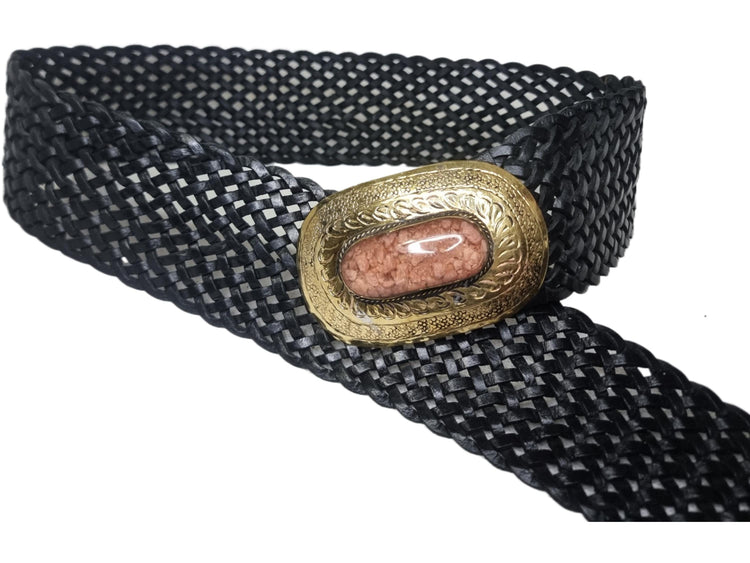 Boho Wide Leather Waist Belt: Pink Stone Western Buckle