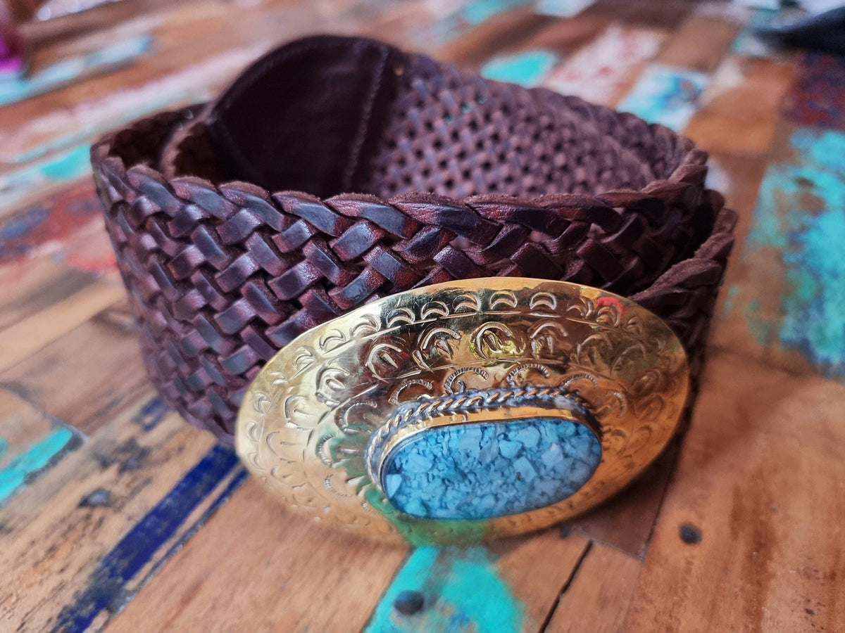 Wide Braided Leather Belt: Boho Western Buckle with Stone