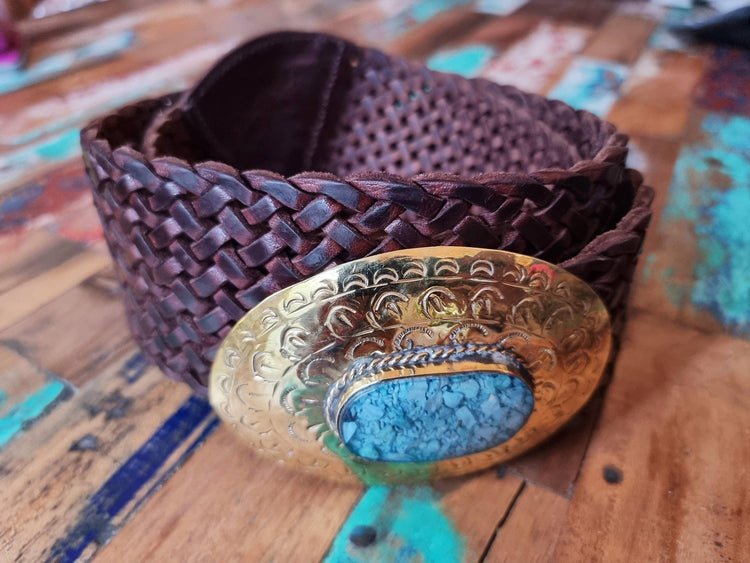 Wide Braided Leather Belt: Boho Western Buckle with Stone