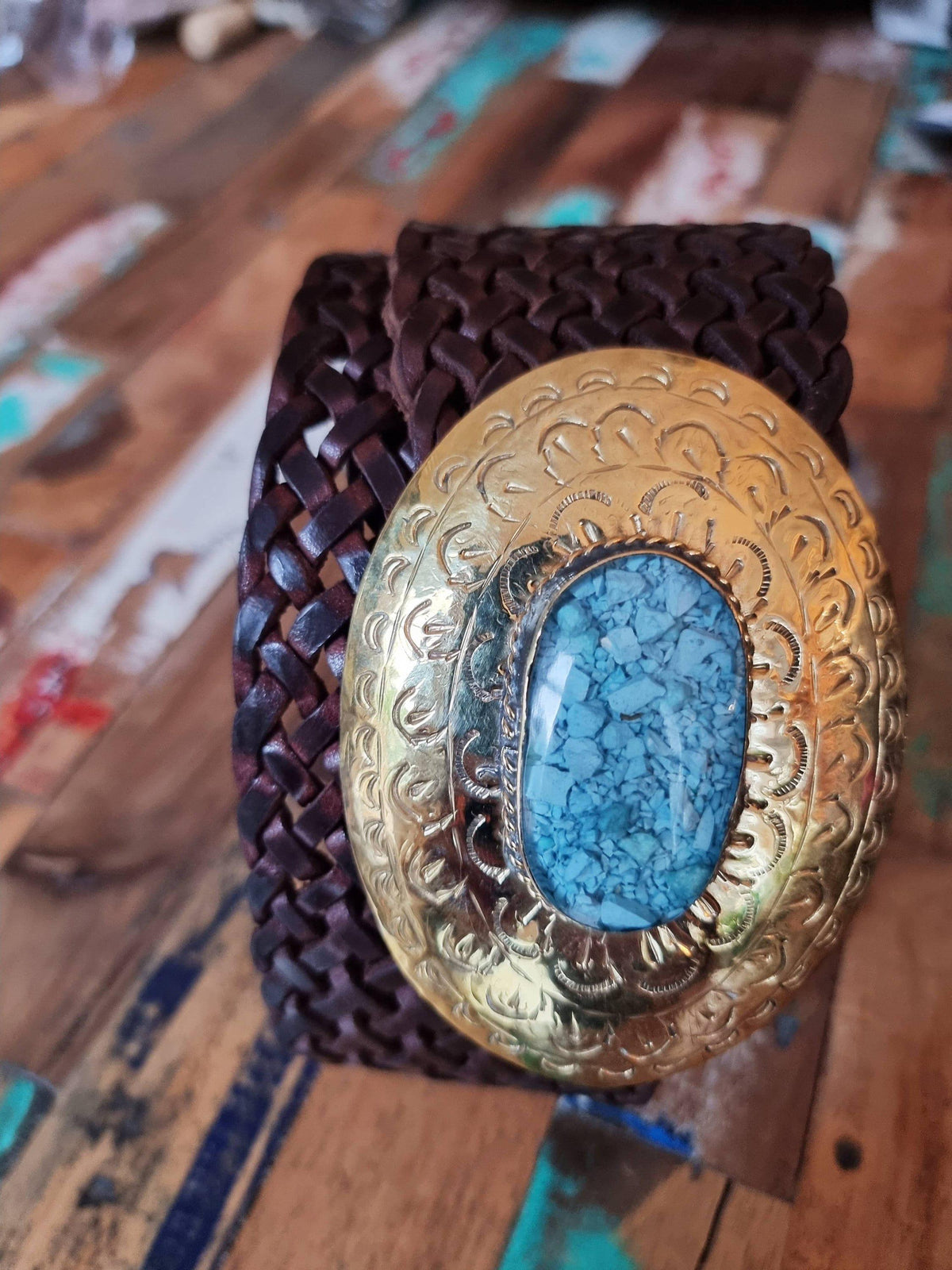 Wide Braided Leather Belt: Boho Western Buckle with Stone