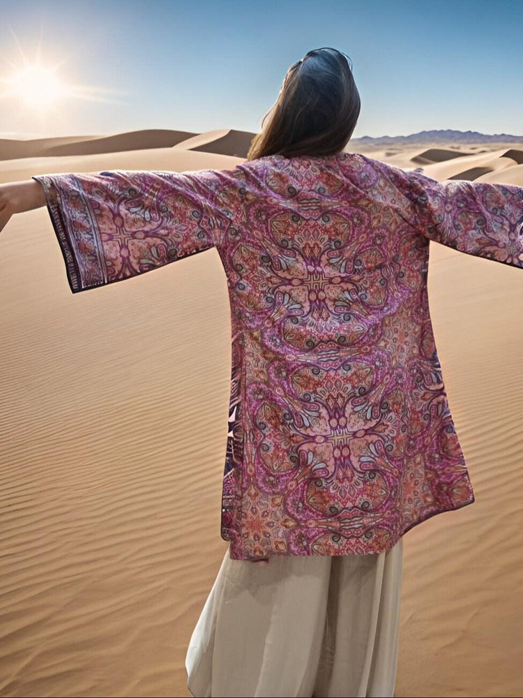 Boho Silk Kimono Jacket: Flared Sleeves, Beach Cover Up