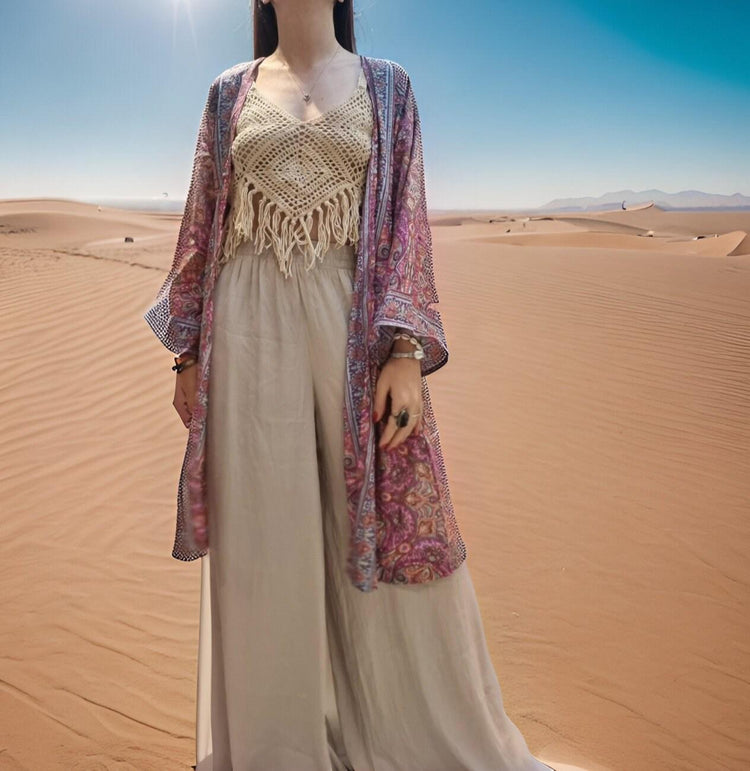 Boho Silk Kimono Jacket: Flared Sleeves, Beach Cover Up