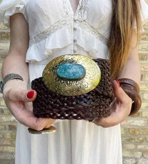 Wide Braided Leather Belt: Boho Western Buckle with Stone