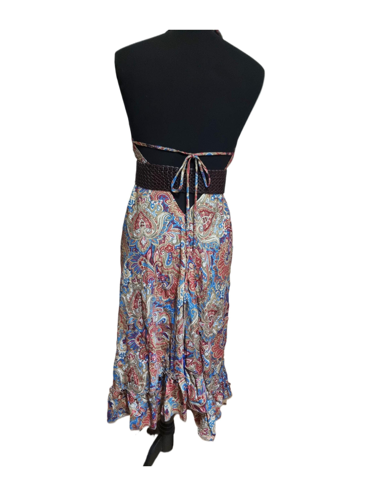 Strappy Sleeveless Silk Summer Dress, Open Back Midi Dress, Boho Paisley Pattern