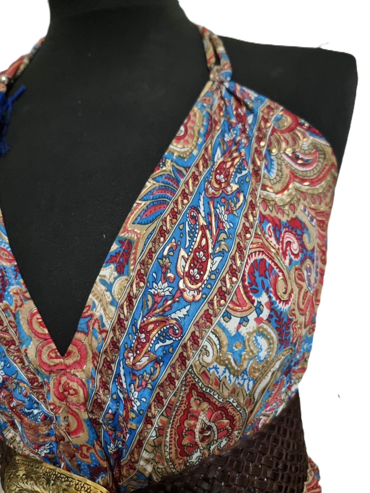 Strappy Sleeveless Silk Summer Dress, Open Back Midi Dress, Boho Paisley Pattern