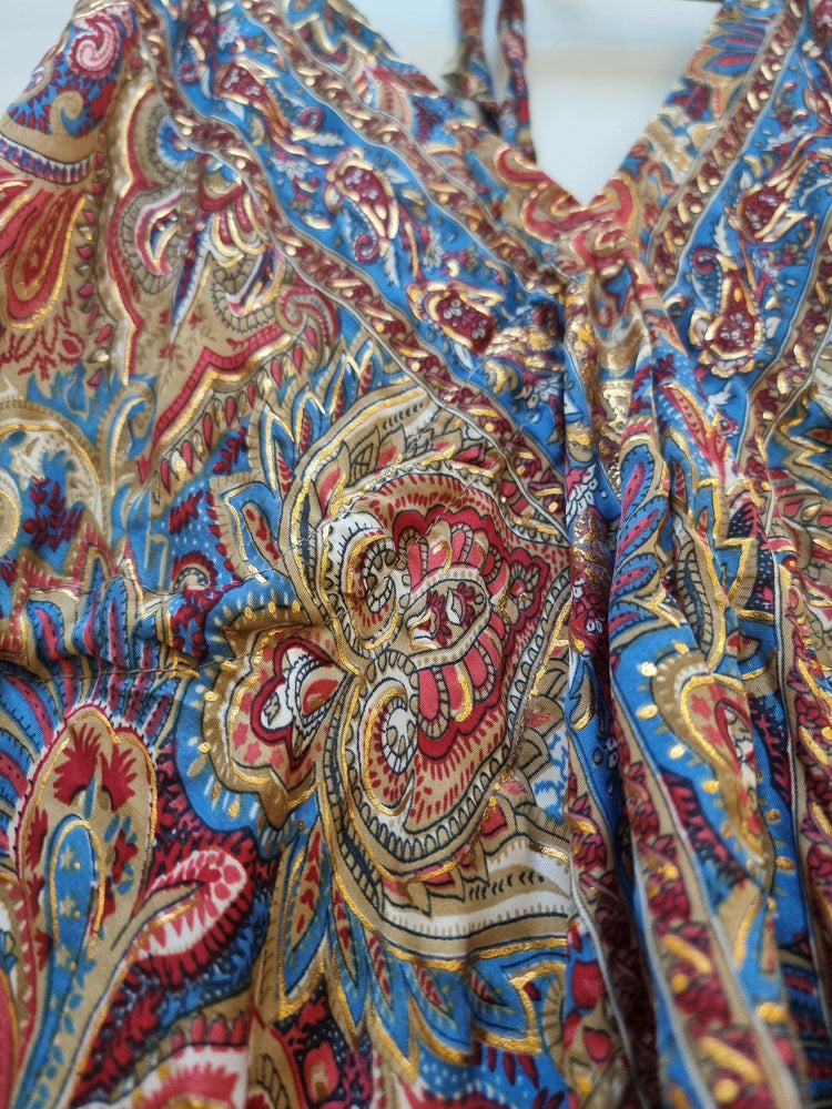 Strappy Sleeveless Silk Summer Dress, Open Back Midi Dress, Boho Paisley Pattern