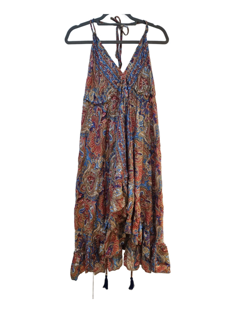 Strappy Sleeveless Silk Summer Dress, Open Back Midi Dress, Boho Paisley Pattern