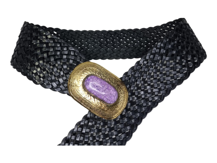 Braided Black Leather Belt: Western Silver Buckle, Boho Waist Belt