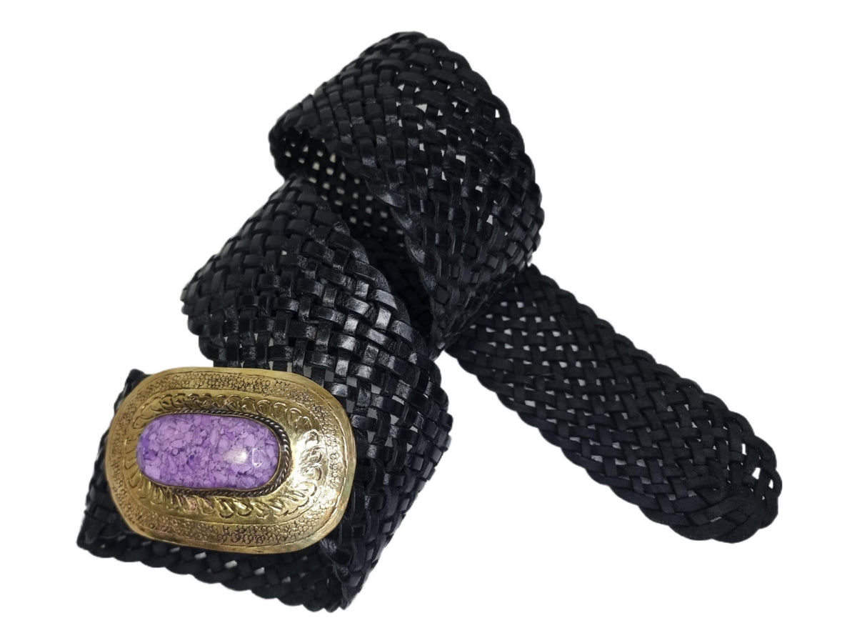 Braided Black Leather Belt: Western Silver Buckle, Boho Waist Belt