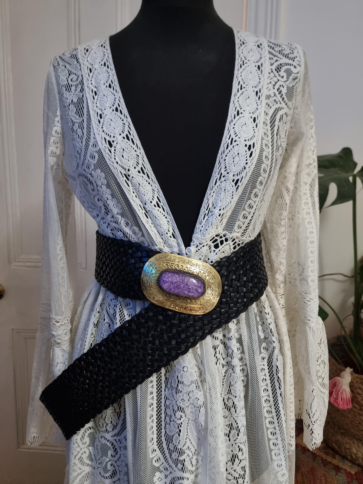 Braided Black Leather Belt: Western Silver Buckle, Boho Waist Belt