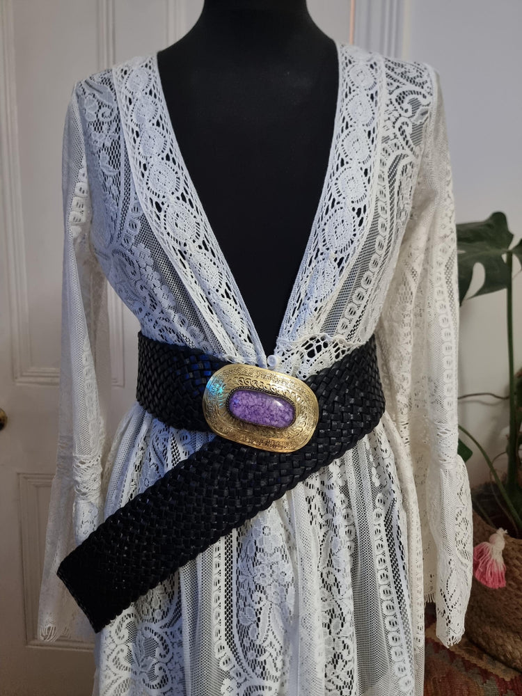 Braided Black Leather Belt: Western Silver Buckle, Boho Waist Belt