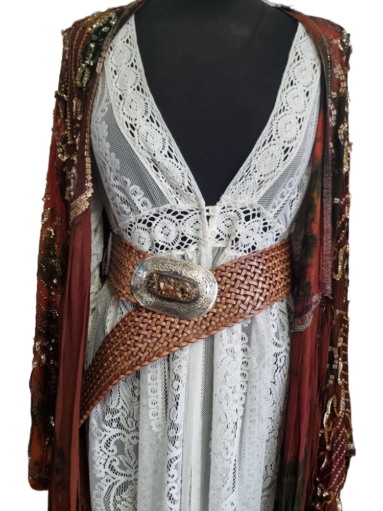 Wide Boho Leather Waist Belt: Engraved Silver Buckle, Brown Stone