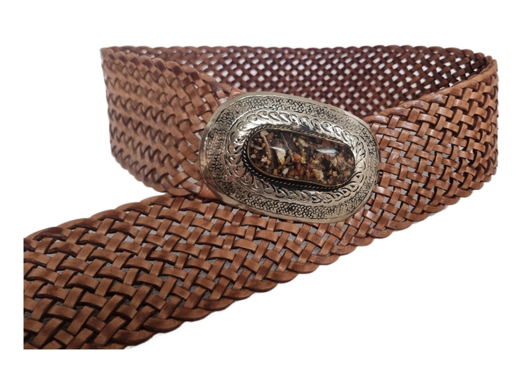 Wide Boho Leather Waist Belt: Engraved Silver Buckle, Brown Stone